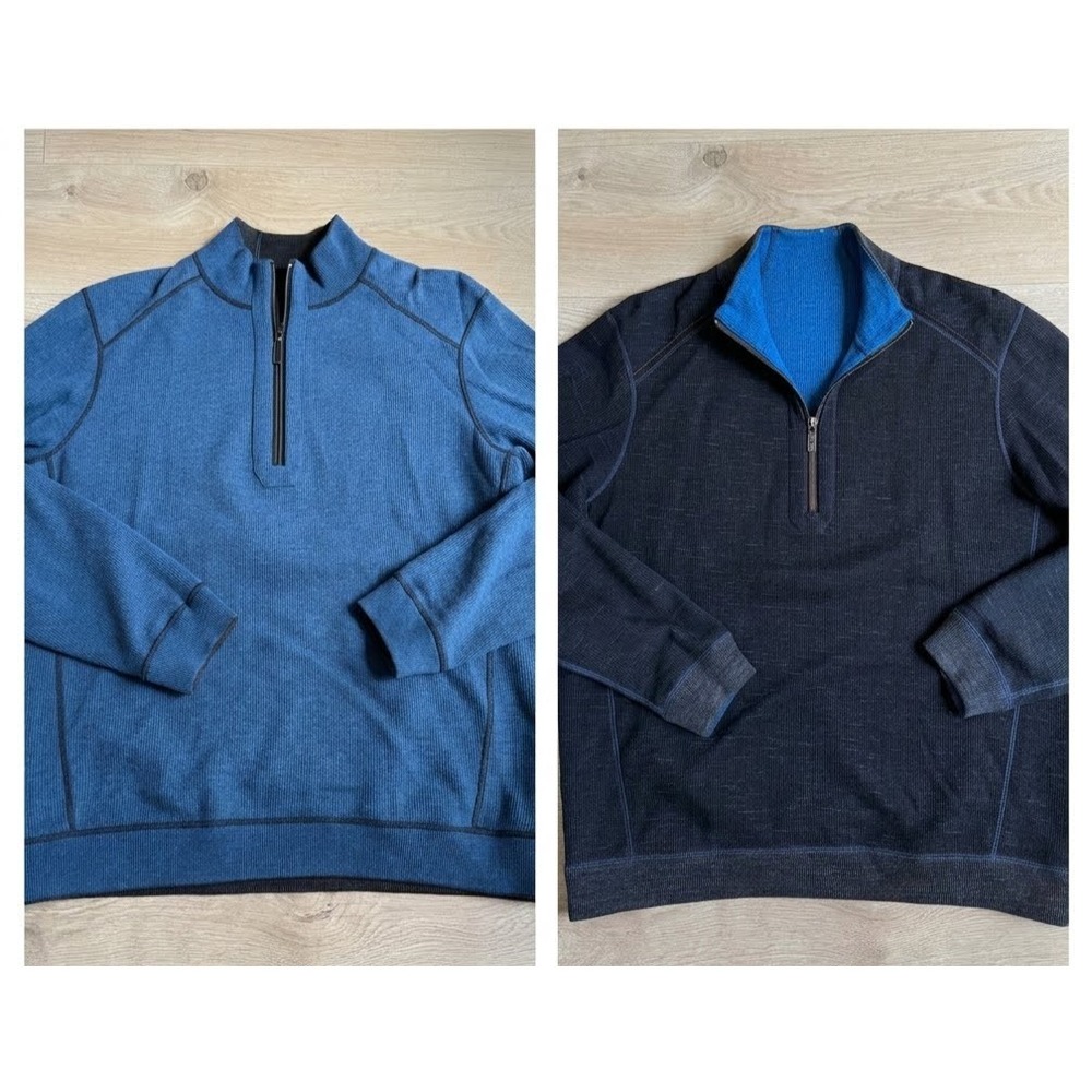 Tommy Bahama Mens Reversible 1/4 Zip Pullover Sweater Blue Black Large